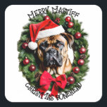 Funny Christmas Santa Bull Mastiff Custom Personal Quadratischer Aufkleber<br><div class="desc">Entfesseln Sie die Urlaubsstimmung mit unserem "Frohen Weihnachtskranz" - ein absolut charmantes Bild mit einem festlichen Bullmastiff, der stolz eine Weihnachtsmannmütze mit seinem lieblichen Kopf klopft durch einen Kranz, der bereit ist, Weihnachtsjubeln zu verbreiten! Stellen Sie sich den bezaubernden Bullmastiff vor, mit seinen warmen Augen, die mit festlicher Freude zwitschern,...</div>