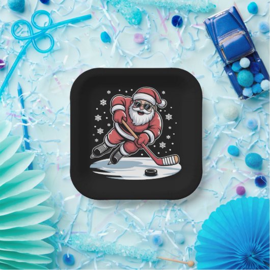 Funny Christmas Santa Playing Ice Hockey Xmas Pappteller (Party)