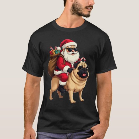 Funny Christmas Santa Riding Pug T-Shirt (Vorderseite)