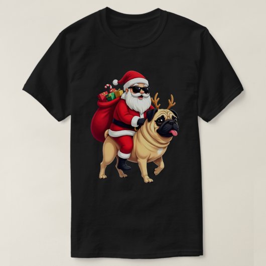 Funny Christmas Santa Riding Pug T-Shirt (Design vorne)