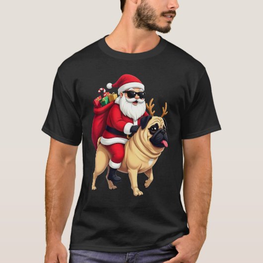Funny Christmas Santa Riding Pug T-Shirt (Vorderseite)