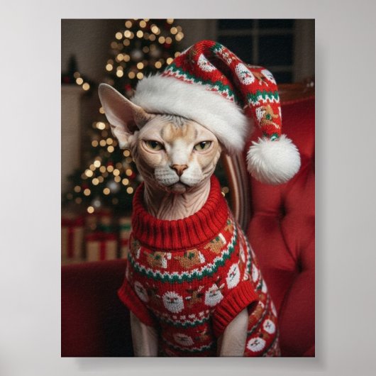 Funny Christmas Santa Sphynx Cat in Sweater Poster (Vorne)