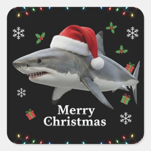Funny Christmas Shark Santa Hat Realistic Holiday Quadratischer Aufkleber (Vorderseite)