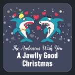 Funny Christmas Sharks Familienname Navy Quadratischer Aufkleber<br><div class="desc">Ein jawlly Good Funny Weihnachtshaie Personalisiert Name Navy Blue Weihnachtsplatz Aufkleber. Lächeln Sie mal! Personalisieren Sie mit Ihrem eigenen Text. Ideal für Umschlag oder für Siegel, oder Geschenkverpackung. Wir laden Sie ein, unseren Zazzle-Shop, Life On Memory Lane, für passende Produkte und mehr zu besuchen. Bitte kontaktieren Sie uns, wenn Sie...</div>