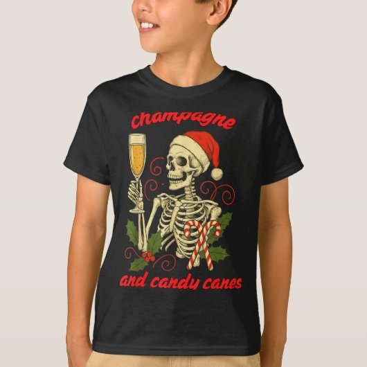 Funny Christmas Skeleton Champagne And Candy Canes T-Shirt (Vorderseite)