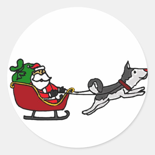 Funny Christmas Sleigh mit Husky Dog Pulling Runder Aufkleber (Vorderseite)