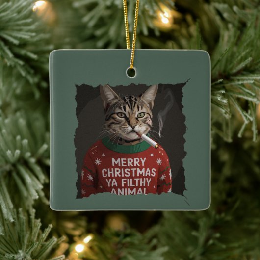 Funny Christmas Smoking Cat Sarcastic Holiday Meme Keramikornament (Baum)