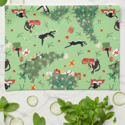 Funny Christmas Tree Cat Geschirrtuch (Gefaltet)