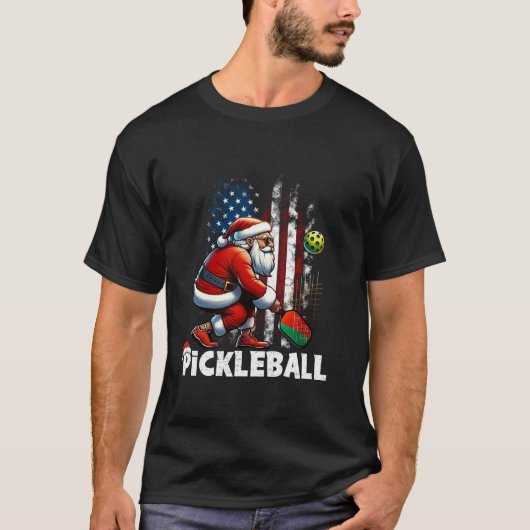 Funny Christmas US Flag Pickleball Weihnachtsmannm T-Shirt (Vorderseite)