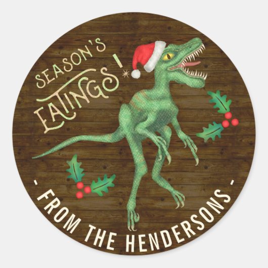 Funny Christmas Velociraptor Dinosaur Custom Text Runder Aufkleber (Vorderseite)