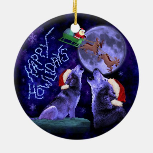 Funny Christmas Wolf Pun Happy Howlidays Spaß Keramikornament (Hinten)