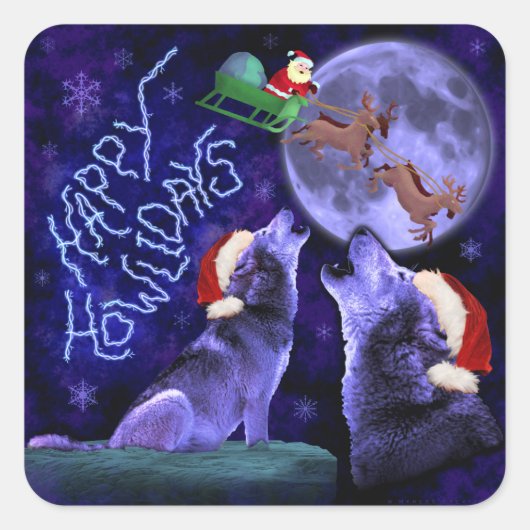 Funny Christmas Wolf Pun Happy Howlidays Spaß Quadratischer Aufkleber (Vorderseite)