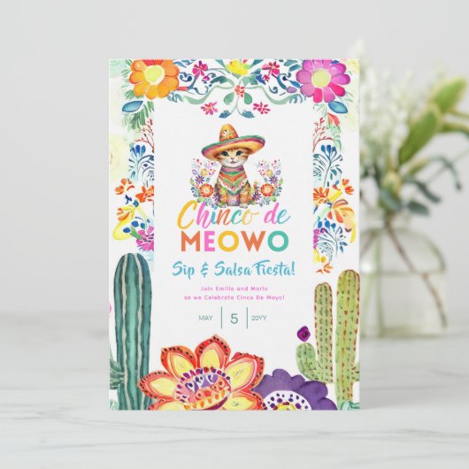 Funny Cinco De Mayo Sip und Salsa Cat FIESTA Einladung (Stehend Vorderseite)