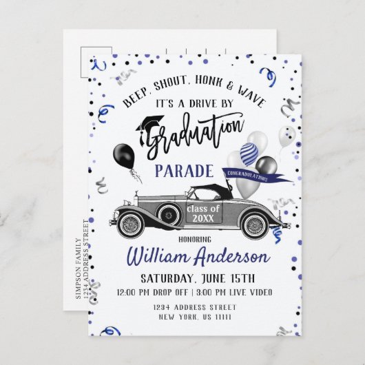 Funny Class of 2024 DRIVE BY Graduation Party Anno Ankündigungspostkarte (Vorne/Hinten)