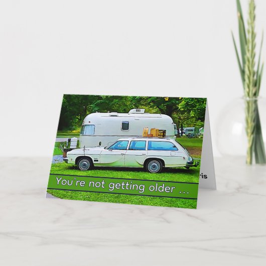 Funny Classic Retro Camper Happy Birthday Karte (Vorderseite)