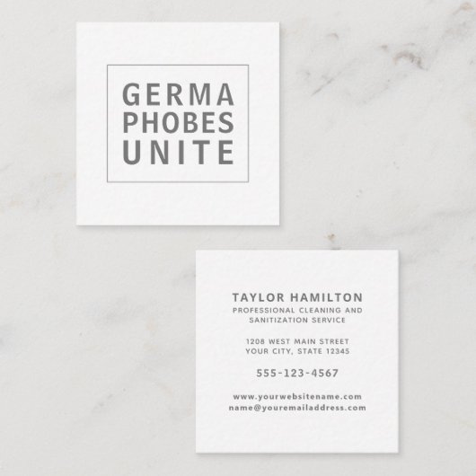 Funny Cleaning Service Germaphobes Unite Quadratische Visitenkarte (Vorne/Hinten)