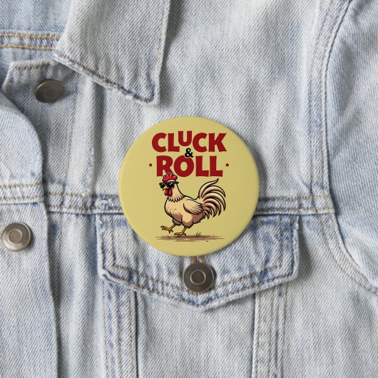 Funny "Cluck & Roll" Cooler Rooster Cartoon Design Button (Beispiel)