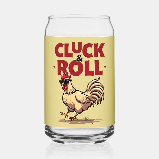 Funny "Cluck & Roll" Cooler Rooster Cartoon Design Dosenglas (Rückseite)
