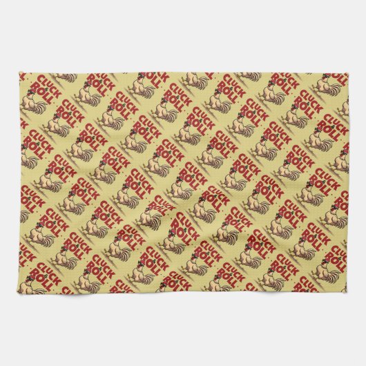 Funny "Cluck & Roll" Cooler Rooster Cartoon Design Geschirrtuch (Horizontal)