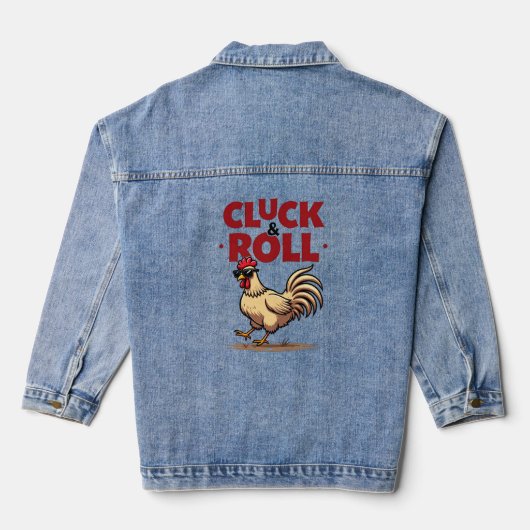 Funny "Cluck & Roll" Cooler Rooster Cartoon Design Jeansjacke (Rückseite)