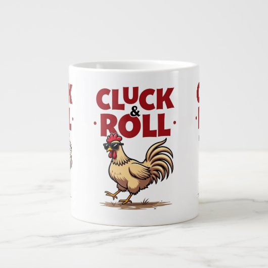 Funny "Cluck & Roll" Cooler Rooster Cartoon Design Jumbo-Tasse (Vorderseite)