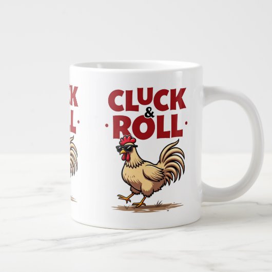 Funny "Cluck & Roll" Cooler Rooster Cartoon Design Jumbo-Tasse (Rechts)