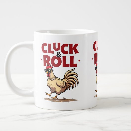 Funny "Cluck & Roll" Cooler Rooster Cartoon Design Jumbo-Tasse (Links)