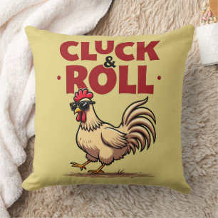 Funny "Cluck & Roll" Cooler Rooster Cartoon Design Kissen