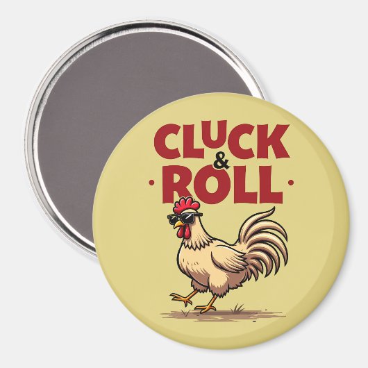 Funny "Cluck & Roll" Cooler Rooster Cartoon Design Magnet (Vorderseite/Rückseite)