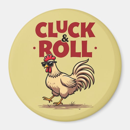Funny "Cluck & Roll" Cooler Rooster Cartoon Design Magnet (Vorne)