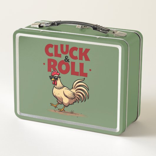 Funny "Cluck & Roll" Cooler Rooster Cartoon Design Metall Brotdose (Rückseite)