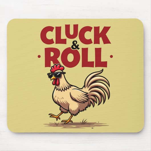 Funny "Cluck & Roll" Cooler Rooster Cartoon Design Mousepad (Vorne)