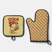 Funny "Cluck & Roll" Cooler Rooster Cartoon Design Ofenhandschuh & Topflappen-Set (Vorderseite)