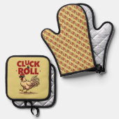 Funny "Cluck & Roll" Cooler Rooster Cartoon Design Ofenhandschuh & Topflappen-Set (Vorderseite/Rückseite)