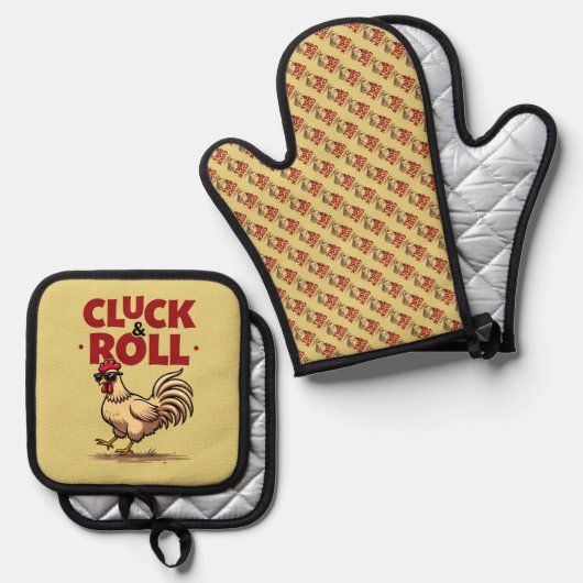 Funny "Cluck & Roll" Cooler Rooster Cartoon Design Ofenhandschuh & Topflappen-Set (Vorderseite/Rückseite)