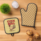 Funny "Cluck & Roll" Cooler Rooster Cartoon Design Ofenhandschuh & Topflappen-Set (Oben Unten)