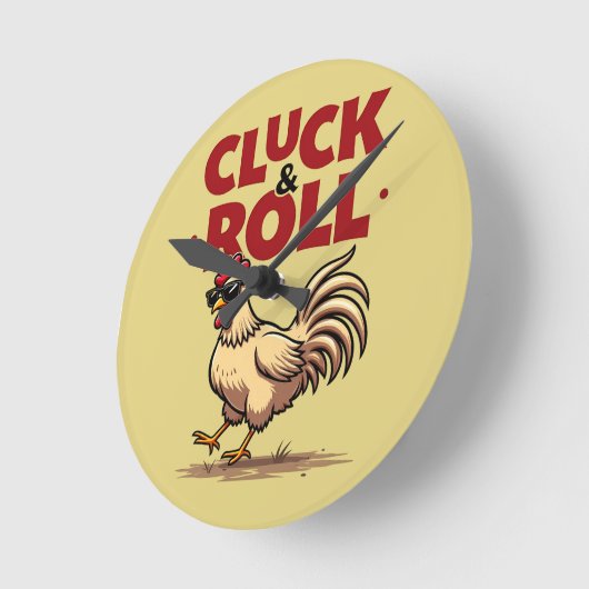 Funny "Cluck & Roll" Cooler Rooster Cartoon Design Runde Wanduhr (Winkel)