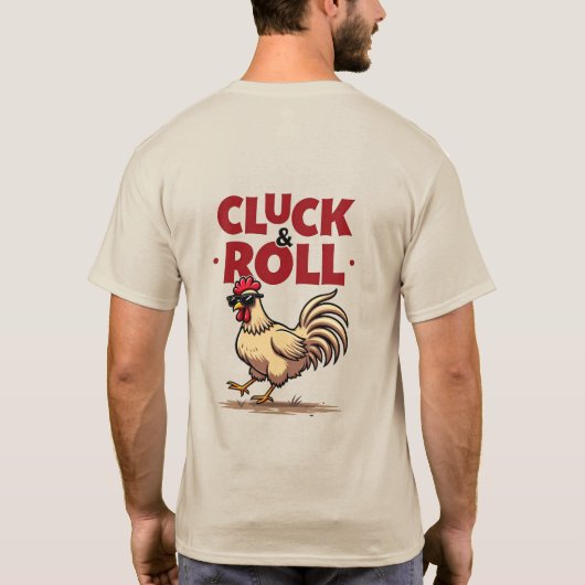 Funny "Cluck & Roll" Cooler Rooster Cartoon Design T-Shirt (Rückseite)