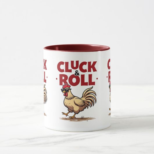 Funny "Cluck & Roll" Cooler Rooster Cartoon Design Tasse (Zentrum)