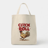 Funny "Cluck & Roll" Cooler Rooster Cartoon Design Tragetasche (Rückseite)