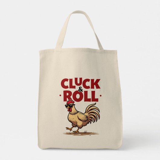 Funny "Cluck & Roll" Cooler Rooster Cartoon Design Tragetasche (Rückseite)