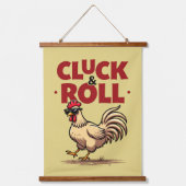 Funny "Cluck & Roll" Cooler Rooster Cartoon Design Wandteppich Mit Holzrahmen (Vorderseite)