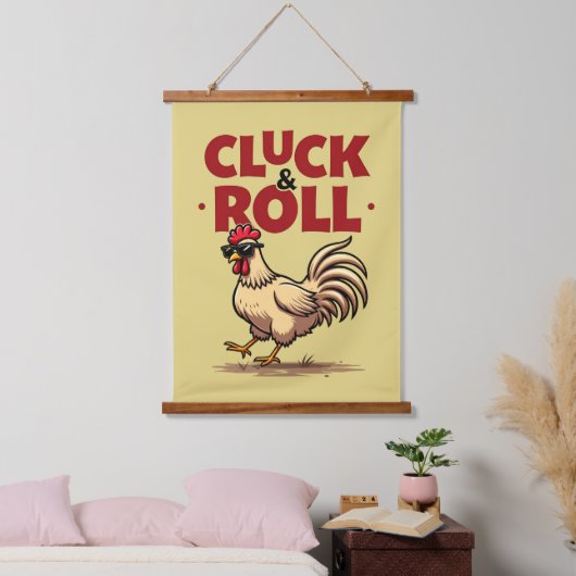 Funny "Cluck & Roll" Cooler Rooster Cartoon Design Wandteppich Mit Holzrahmen (Schlafzimmer)