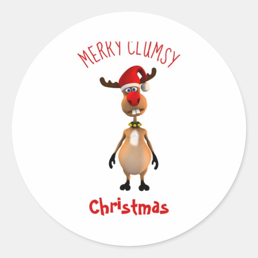 Funny Clumsy Reindeer Merry Christmas Runder Aufkleber (Vorderseite)