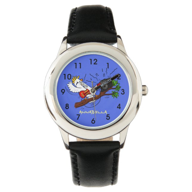 Funny Cockatoo spielt Rockgitarre Cartoon Armbanduhr (Vorderseite)