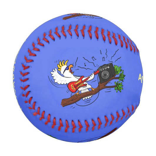 Funny Cockatoo spielt Rockgitarre Cartoon Baseball (Vorderseite Links)