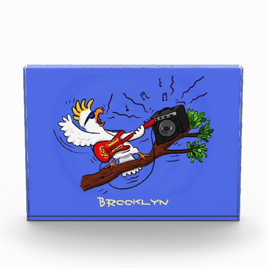 Funny Cockatoo spielt Rockgitarre Cartoon Fotoblock (Vorderseite)