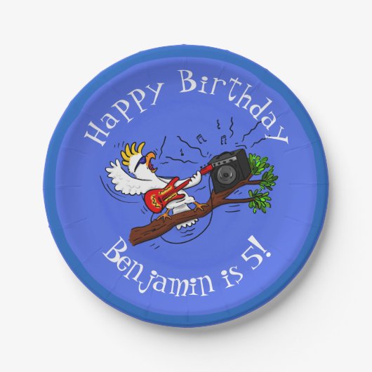 Funny Cockatoo spielt Rockgitarre Cartoon Pappteller (Vorderseite)