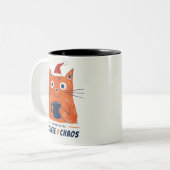 Funny Coffee and Chaos Cat Zweifarbige Tasse (Vorderseite Links)