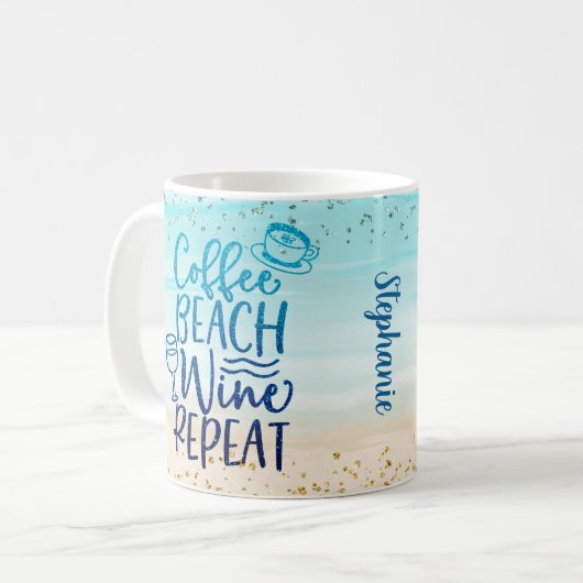 Funny Coffee Beach Wine Wiederholung Glitzer Persö Kaffeetasse (Vorderseite Links)